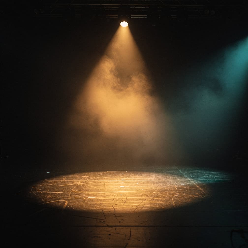 Empty stage under a single warm spotlight, atmospheric haze